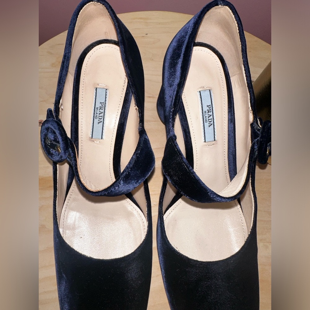 Prada Black Velvet Mary Jane Block Heel Pumps - Picture 4 of 8